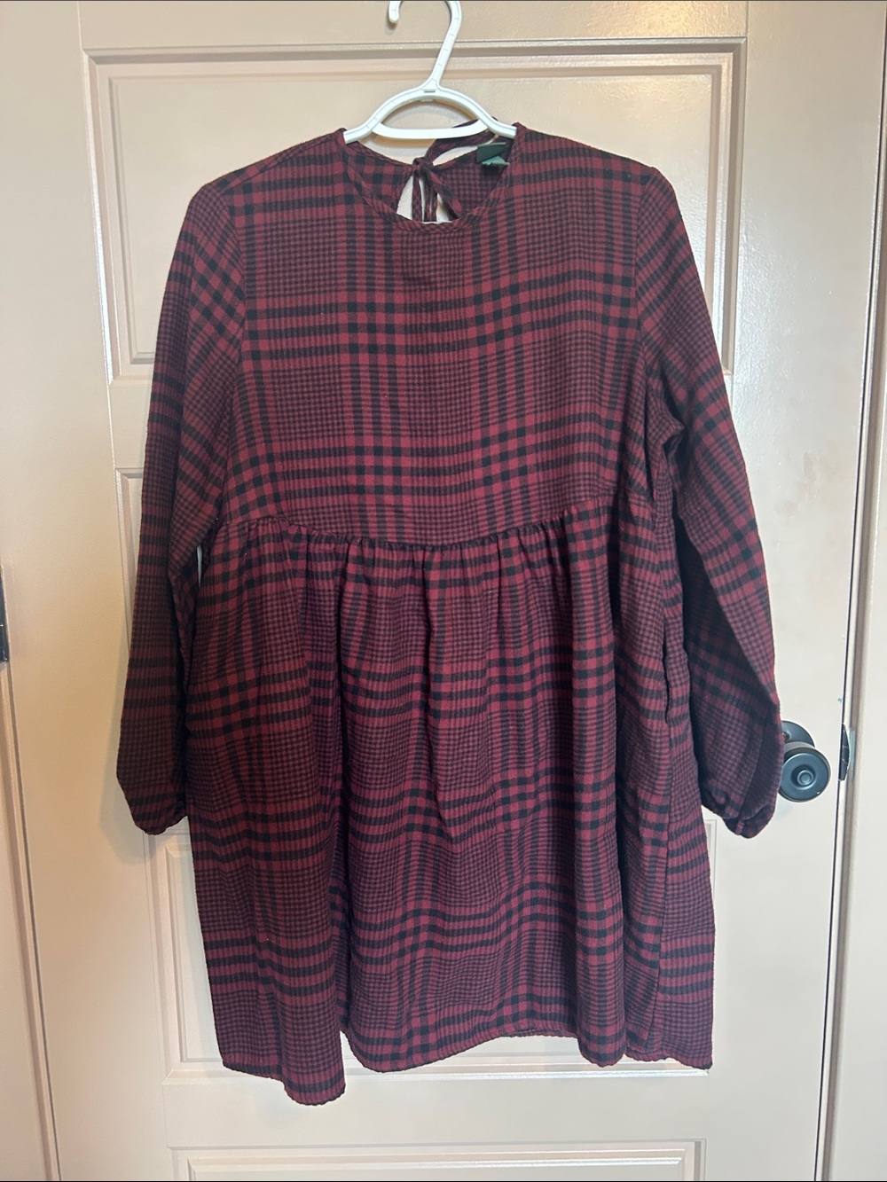 wild fable Burgundy Plaid Long-Sleeve Babydoll Dress